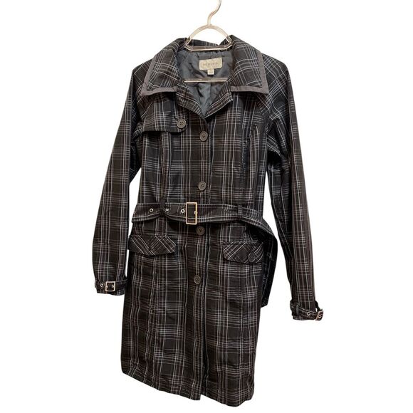 Merona Jackets & Blazers - Merona Women's Plaid Trench Coat Charcoal  Gray Belted Mid-Length Size M